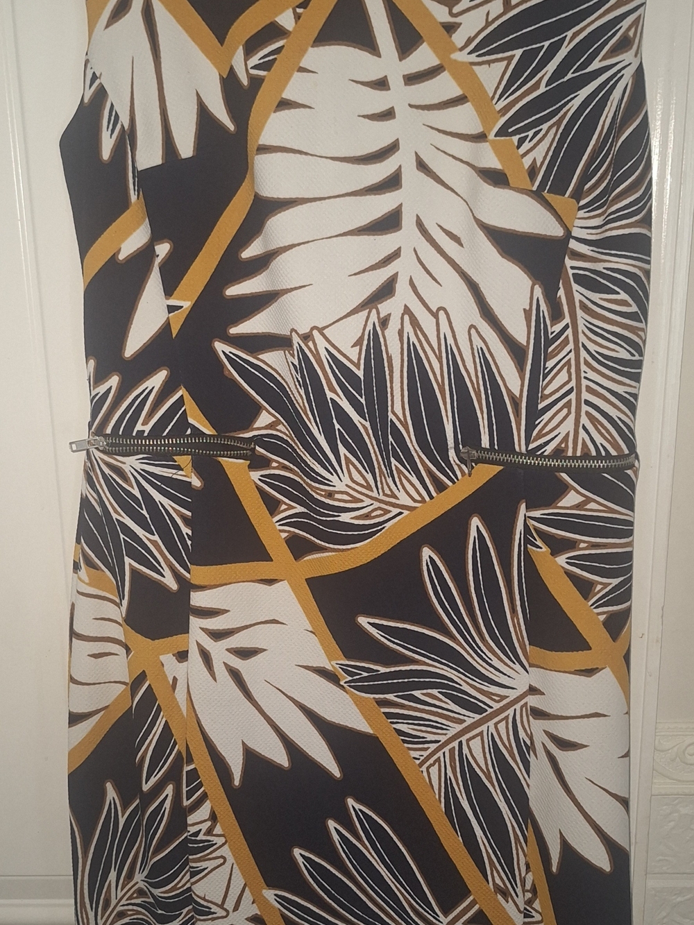 Enfocus Studio Black, White & Mustard Leaf Print Dress